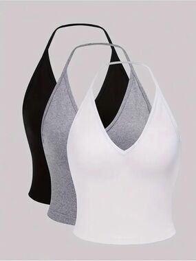10 pack variety styled V-Neck Halter Crop Tops - White, Gray, Black, Red, Blue